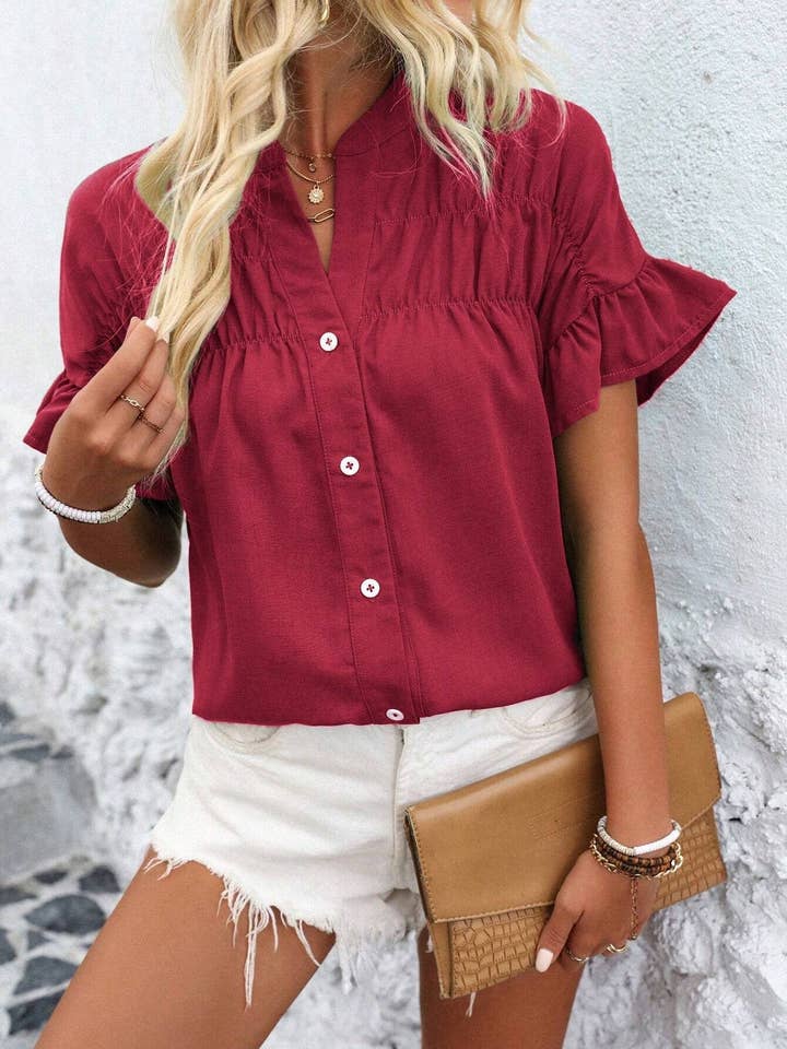 safistyle - Wholesale Button Down Shirt - Women's - Solid Color Cotton Linen Short Sleeve Button Shirt6