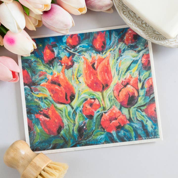 Tulip Art Dishcloth Red Flower Fun Art Swedish Dishcloth for wholesale by Alla Dickson Art