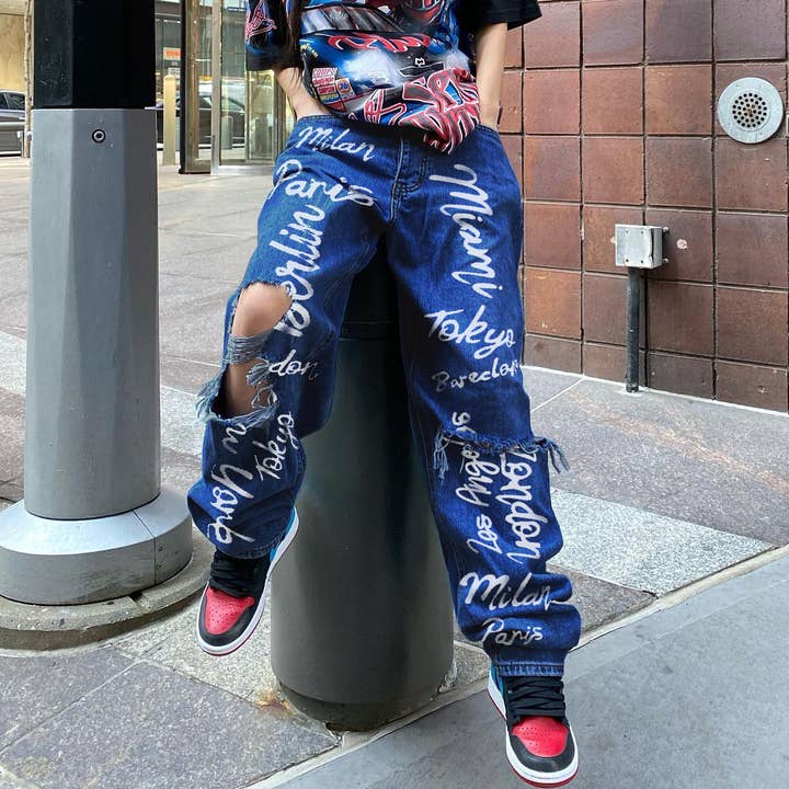 Tourtiwi - Wholesale Jeans - Women's - Distressed brushed letters print hip-hop jeans