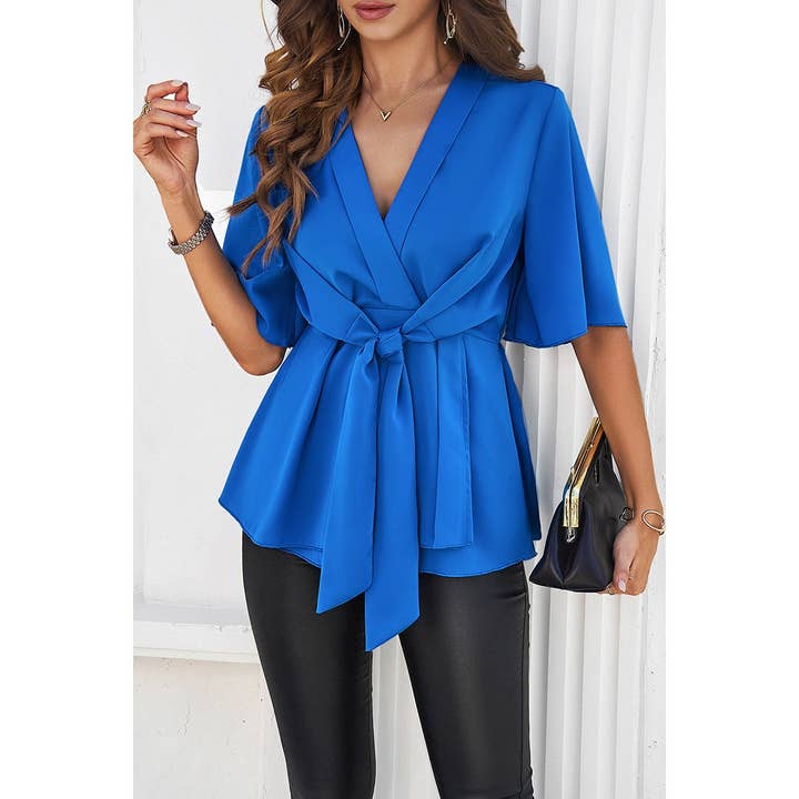 Supreme Fashion - Wholesale Blouse - Women's - V Neck Peplum Tie Front Short Bell Sleeve Shirt14