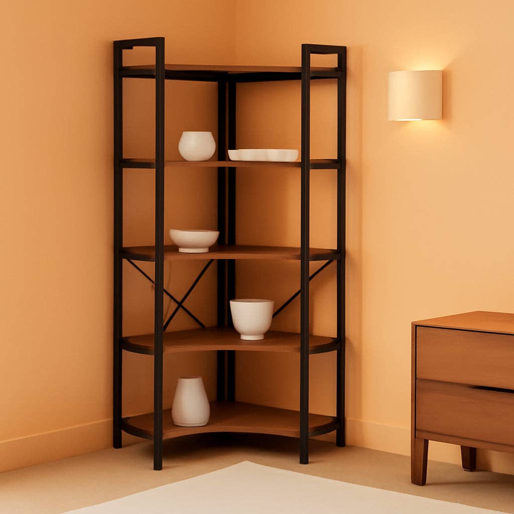 L Shaped Corner Bookshelf 49 Inch Rustic Brown Wood Metal Frame for wholesale on Faire0