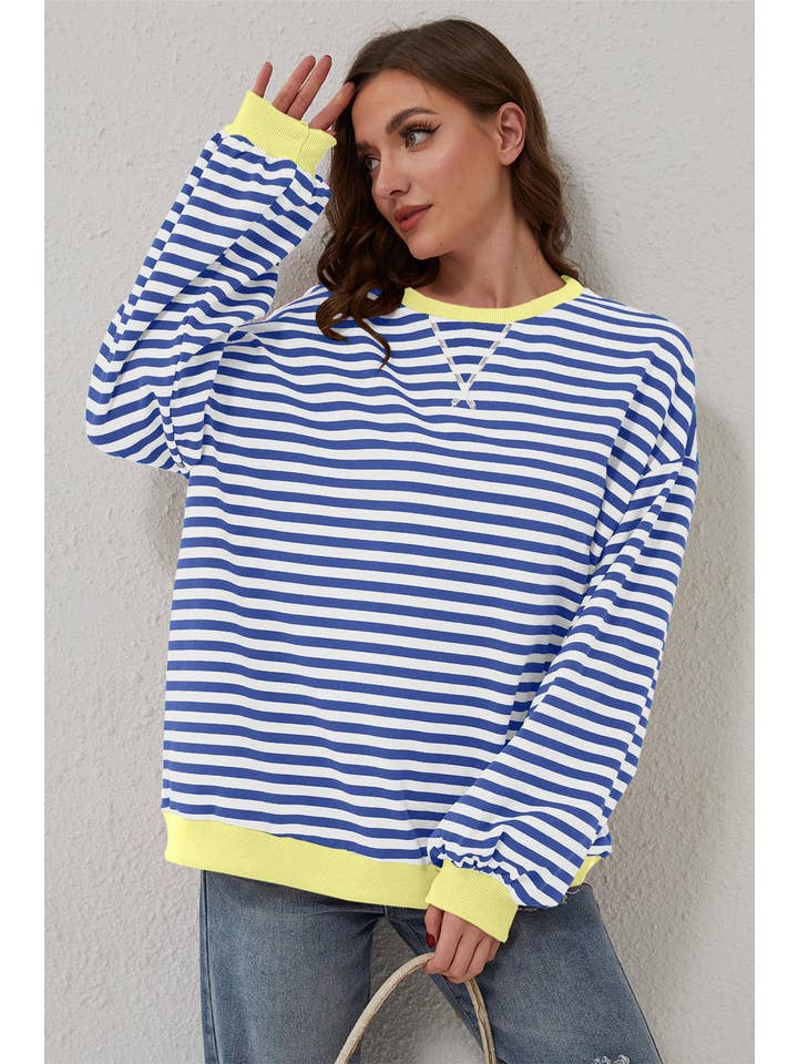 Amaryllis Apparel - Wholesale Sweatshirt - Women's - Stripe Oversized Contrast Trim Pullover Sweatshirt18