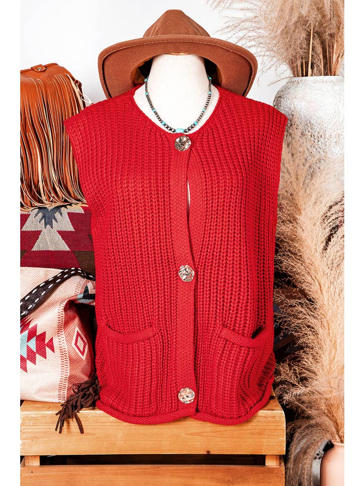 fashionworks - Wholesale Sweater Vest - Women's - Fashion-W Textured Knit Side Pockets Button Sweater Vest