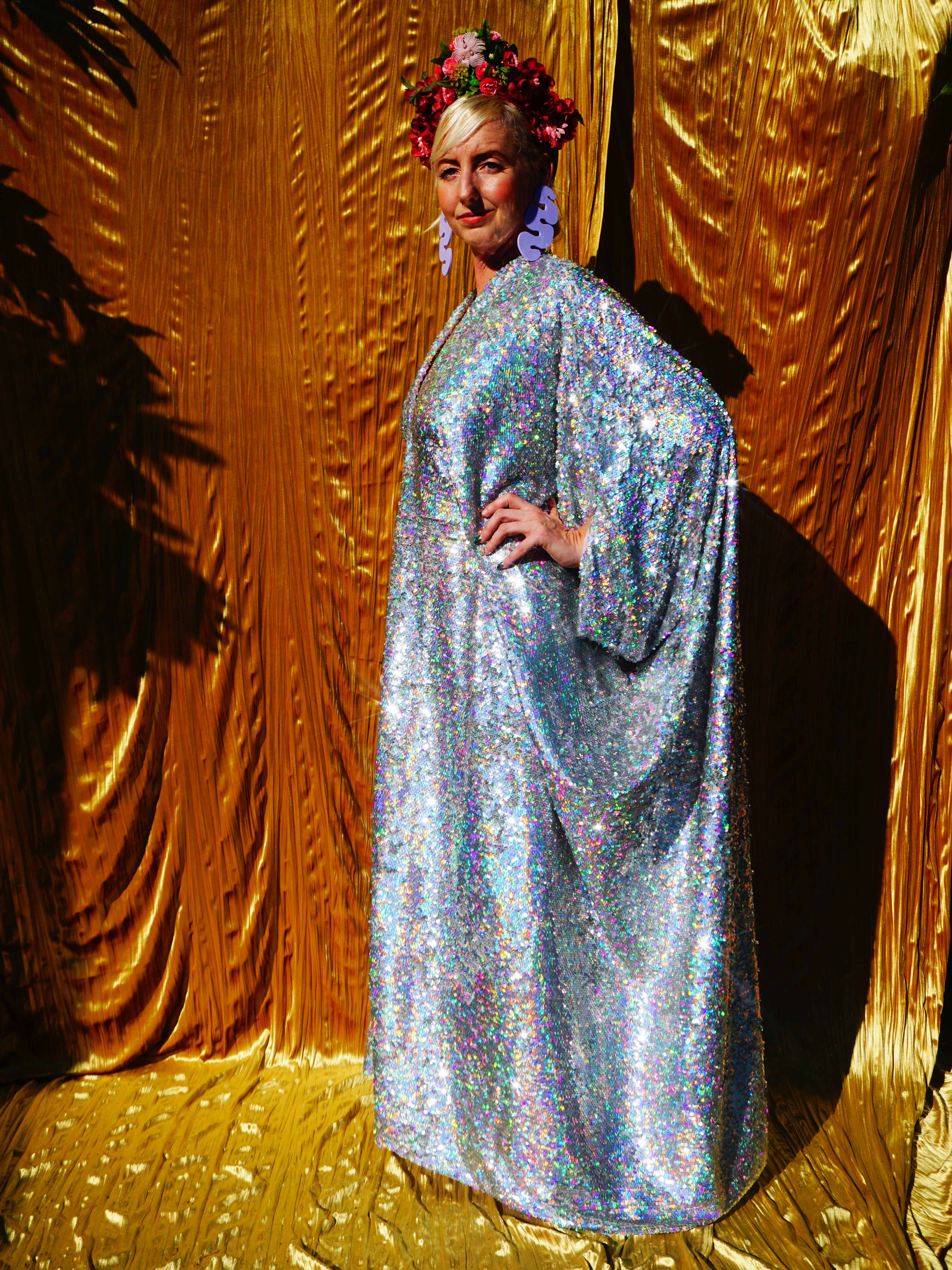 Fumbalinas – wholesale Kaftan – Women's – SILVER Holographic Sequin V-neck Kaftan Gown11