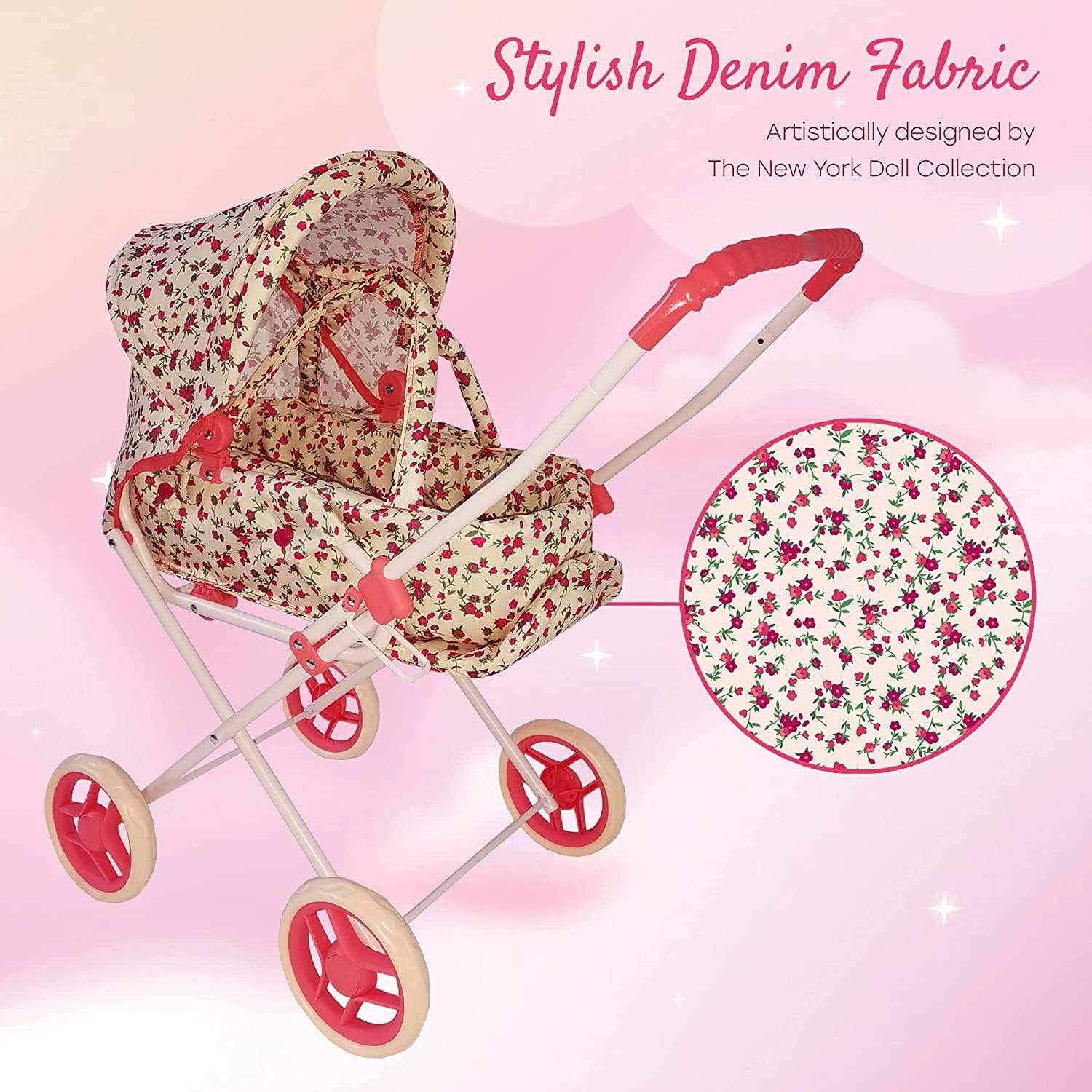 The New York Doll Collection - Wholesale Doll Stroller - Kids - Heart Printed Doll Bassinet Stroller with Travel Carry Bag10