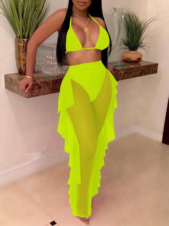 halter crop top ruffles hem sheer mesh pants set for wholesale by Queen Fashion