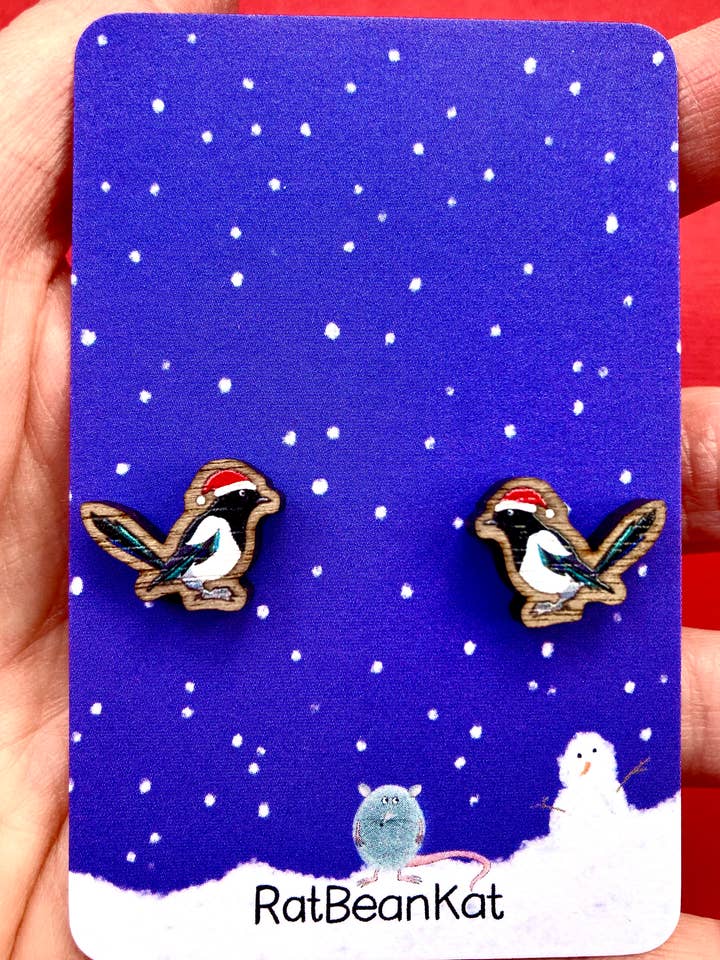 Little wooden festive magpie earrings for wholesale by RatBeanKat