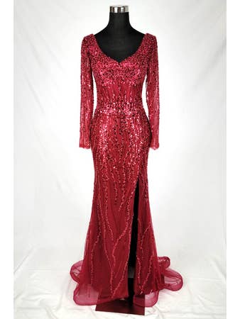 Chicas - Wholesale Dress - Women's - Long Dress With Sleeves, Beading, and Sequins. C353