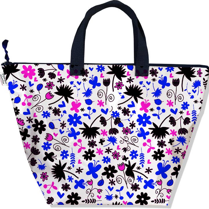 Sac à main zippé Petites fleurs noires bleues et roses pour la vente par BISTRAKOO
