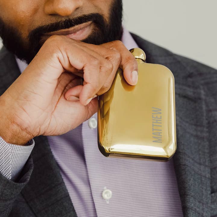 Weddingstar Inc. - Wholesale Flask - Gold Metal Round Edged Hip Flask - Vertical Name1