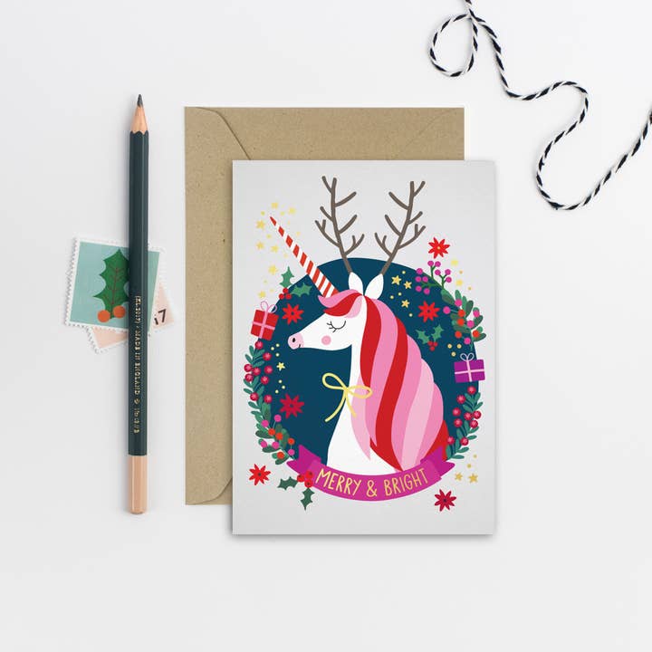 Mifkins - Vente Cartes de Noël - Carte de vœux Licorne Joyeuse et lumineuse | Carte de Noël