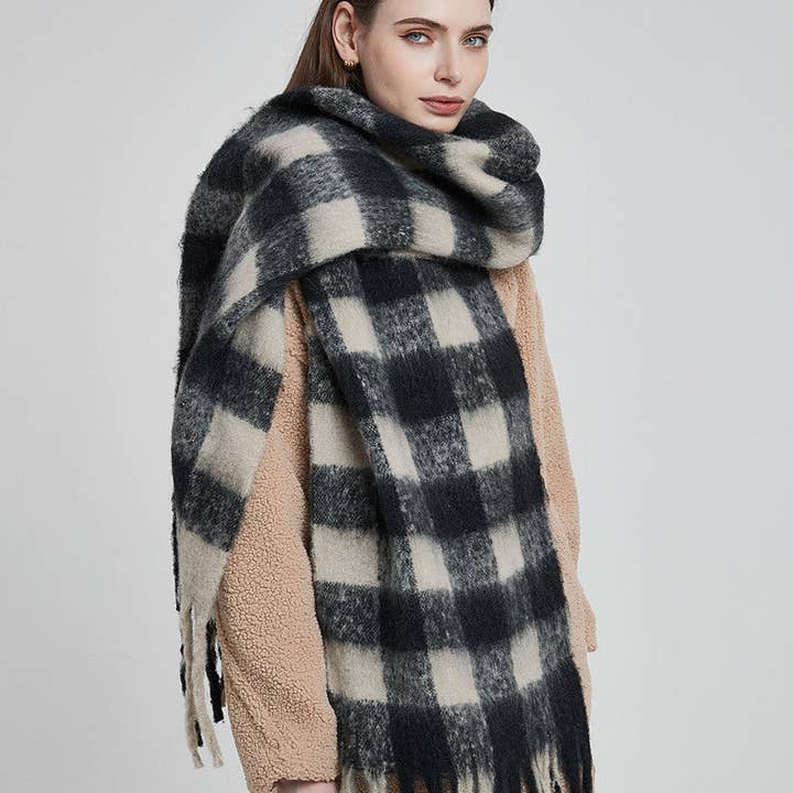 Dipped Shop - Wholesale Scarf - Women's - Plaid Contrast Color Tassel Scarves DPKS1217