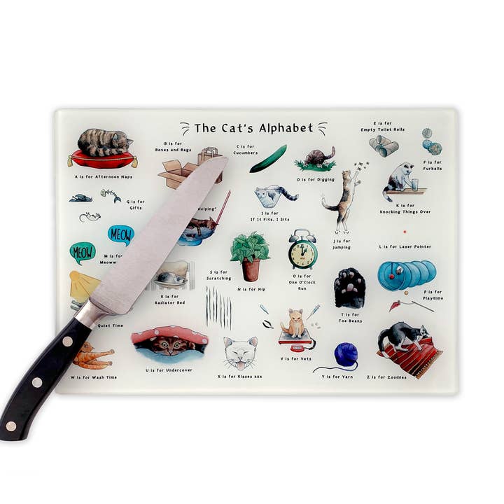 The Cat's Alphabet Glass Cutting Board for wholesale by Yeti Cards & Gifts