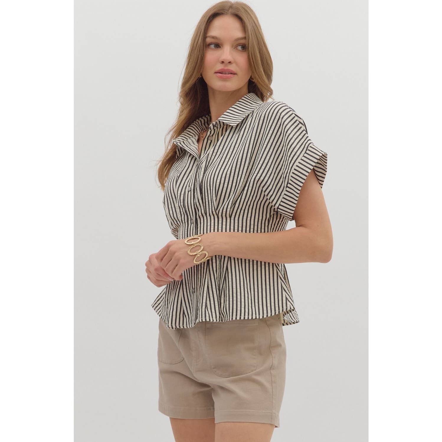 STYLE USA - Wholesale Tunic - Women's - Stripe collar button front pleated top15