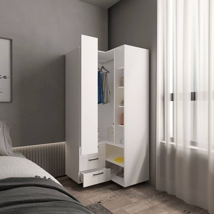TUHOME FURNITURE - Wholesale Bedroom Furniture - Toulouse Corner Armoire With Double Doors And Interior Shelves, Space-Saving Wardrobe