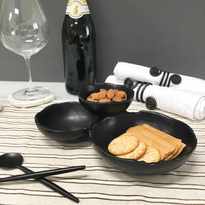 India Handicrafts Inc - Wholesale Serve Bowl - Black Aluminum 3-Bowl Cluster Dish3