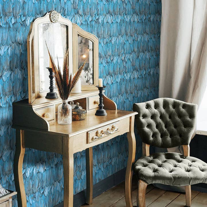Walloro Luxury Embossed Wallpaper – Engroshandel Tapetrulle – Smukt fuglefjer præget tapet, moderne tekstureret vægbeklædning, stor 178 kvm rulle, dekorativt vægpapir, blåt tropisk tema