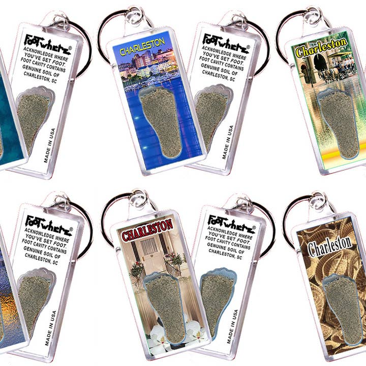 Charleston FootWhere® Souvenir Keychains. 72 Pieces/6 Assorted Styles. Made in USA for wholesale by FootWhere- USA Group, Inc.