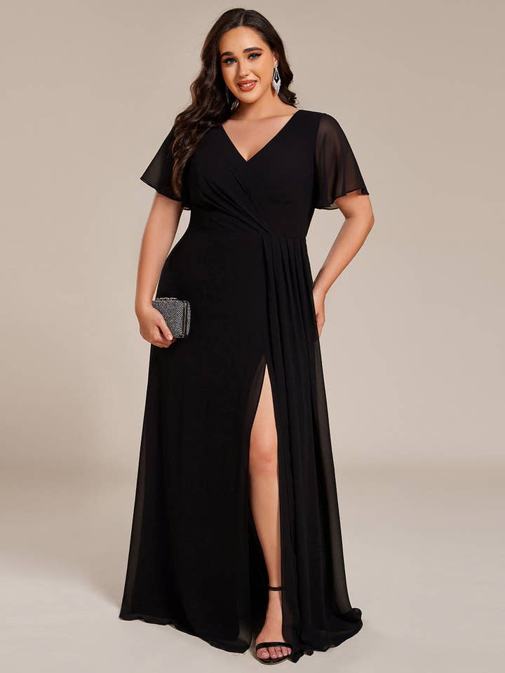Vestidos de noche de gasa con talle imperio fruncido asimétrico y mangas con volantes de hojas de loto en talla grande. para venta al por mayor de Ever-Pretty