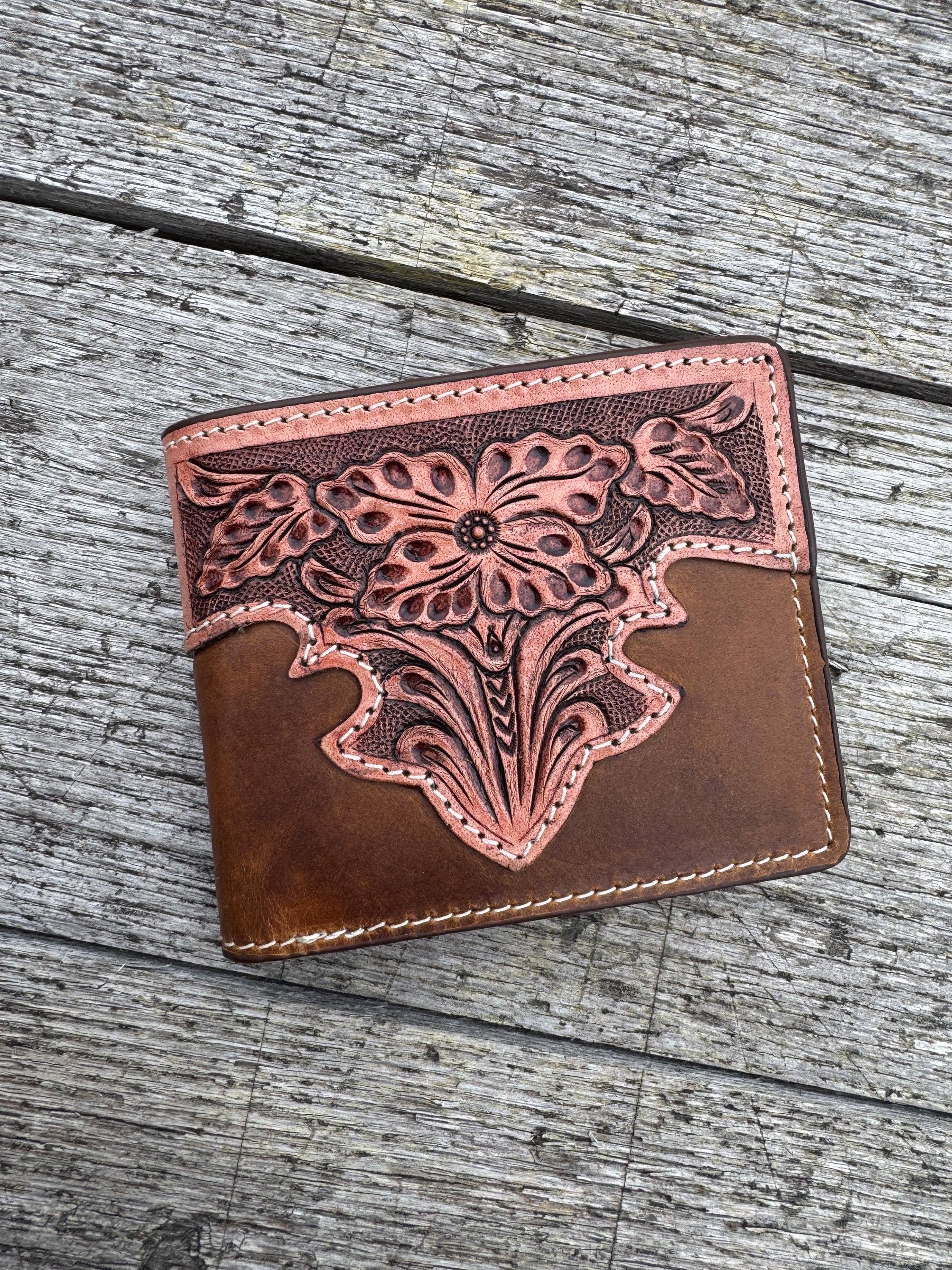 Double B Wild Rags - Wholesale Wallet - Men's - Men’s Western bi-fold wallet tooled floral Cow Skull Aces Cards details by Double B Wild Rags6