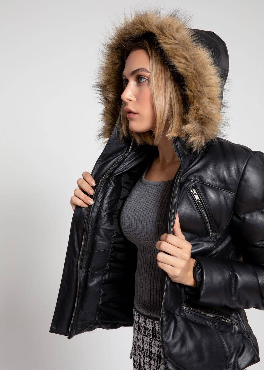 Fadcloset - Wholesale Leather Jacket - Women's - Black Women Joselyn Puffer Winter Down Leather Jacket3