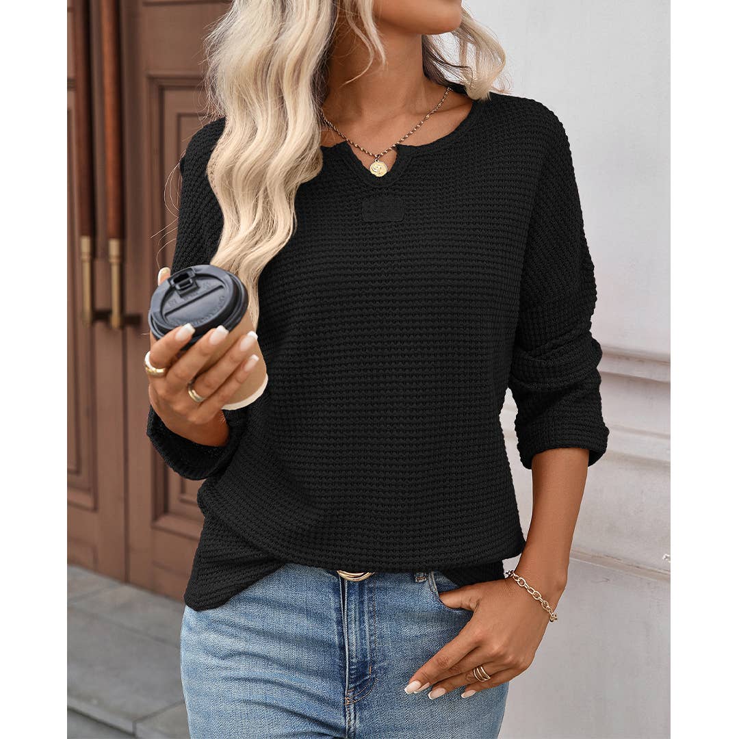 UNISHE - Wholesale Blouse - Women's - Striped Waffle Knit Long Sleeve Top MD2375