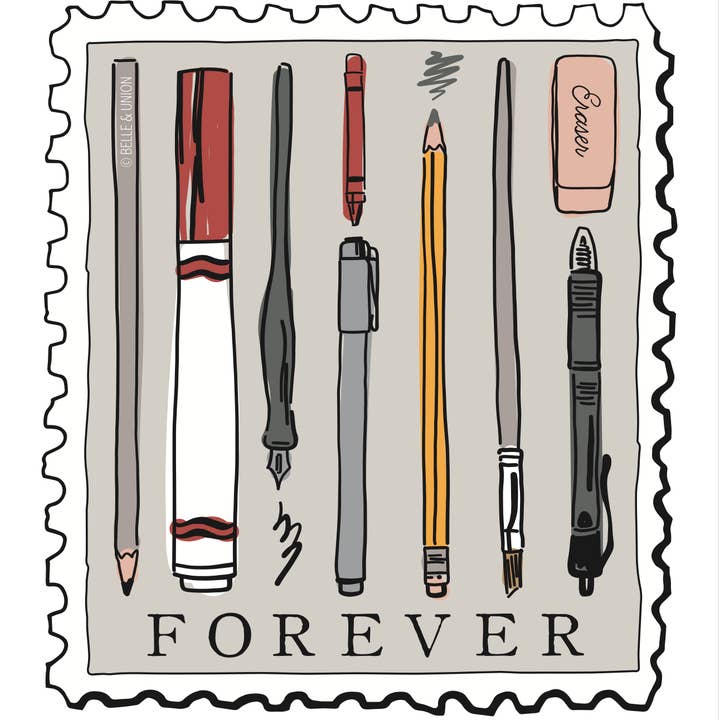 Belle & Union – wholesale Sticker – Pens & Pencils Forever postage stamp sticker1