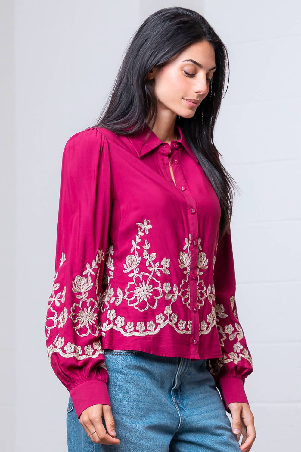Taelynn - Wholesale Button Down Shirt - Women's - HT28837T-LONG SLV WITH COLLAR BUTTON DOWN FLOWER EMBO SHIRT8