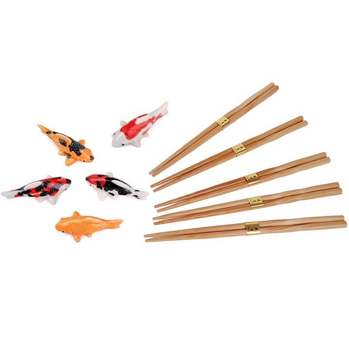 Urban Tokyo - Wholesale Chopsticks - 5 pc Chopsticks and Japanese Koi Fish Porcelain Chopstick Se