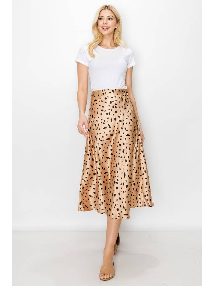 Champagne EP-SK4864 Satin Leopard Print Midi Kjol för wholesale på Faire