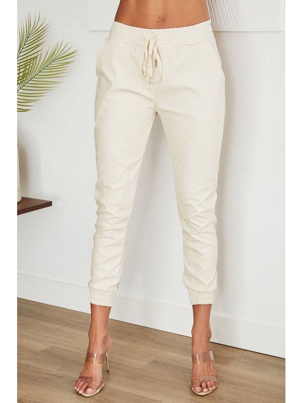 VENTI6 - Wholesale Pants - Women's - PU ELASTIC WAISTBAND ELASTIC ANKLE JOGGERS (97800-PU)