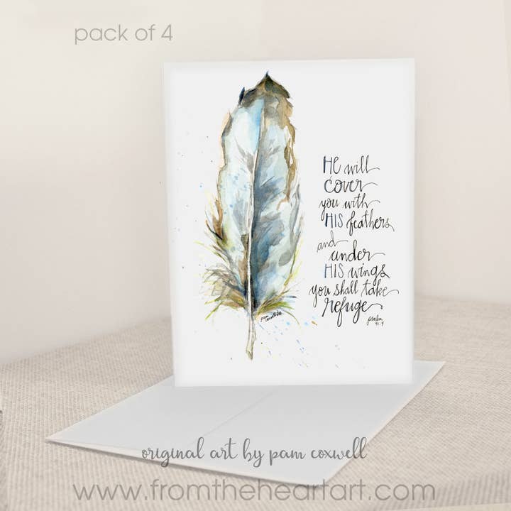 Feather - Psalm 91:4 - Notecards for wholesale by From The Heart Art