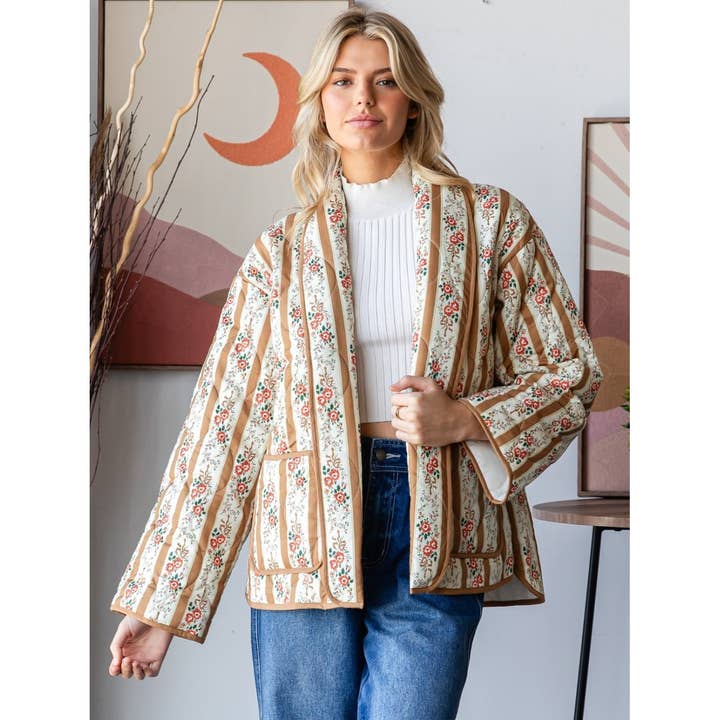 Veveret - Wholesale Jacket - Women's - Quilted Stripe Flower Open Jacket