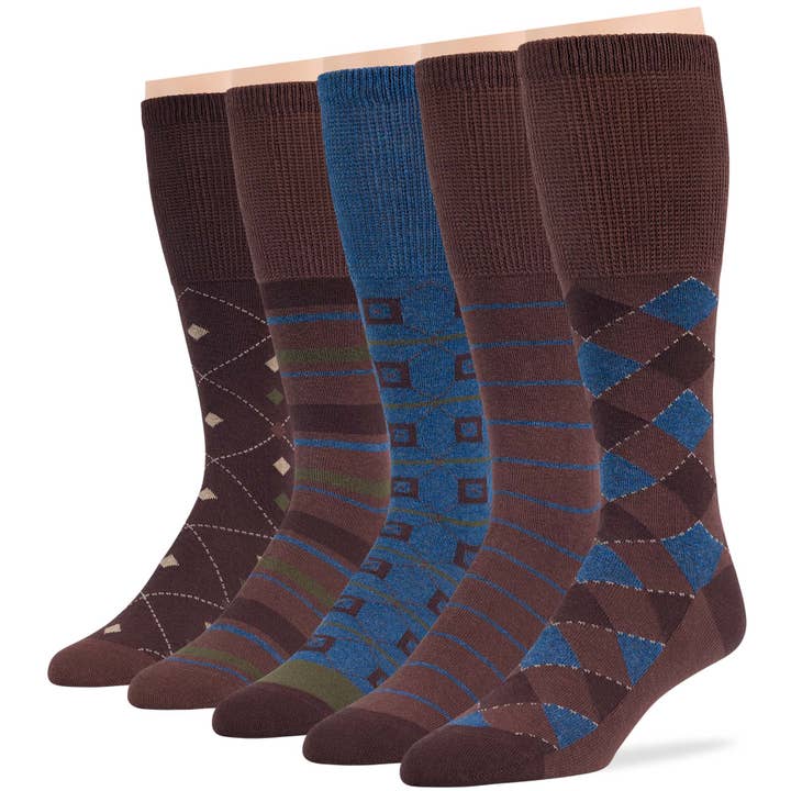 Men's Cotton Diabetic Stripe Mid-Calf Socks - 5 Pack - Brown for wholesale by 7Bigstars Kingdom