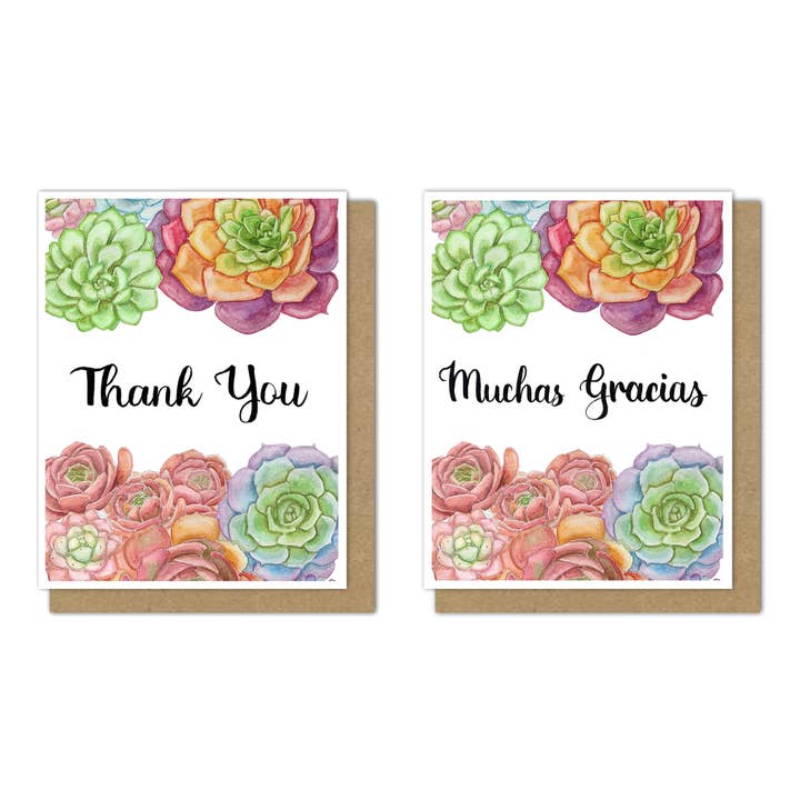Bilingual Thank You Card Set, "Succulents", Set of 6 for wholesale by Motif's Art Studio