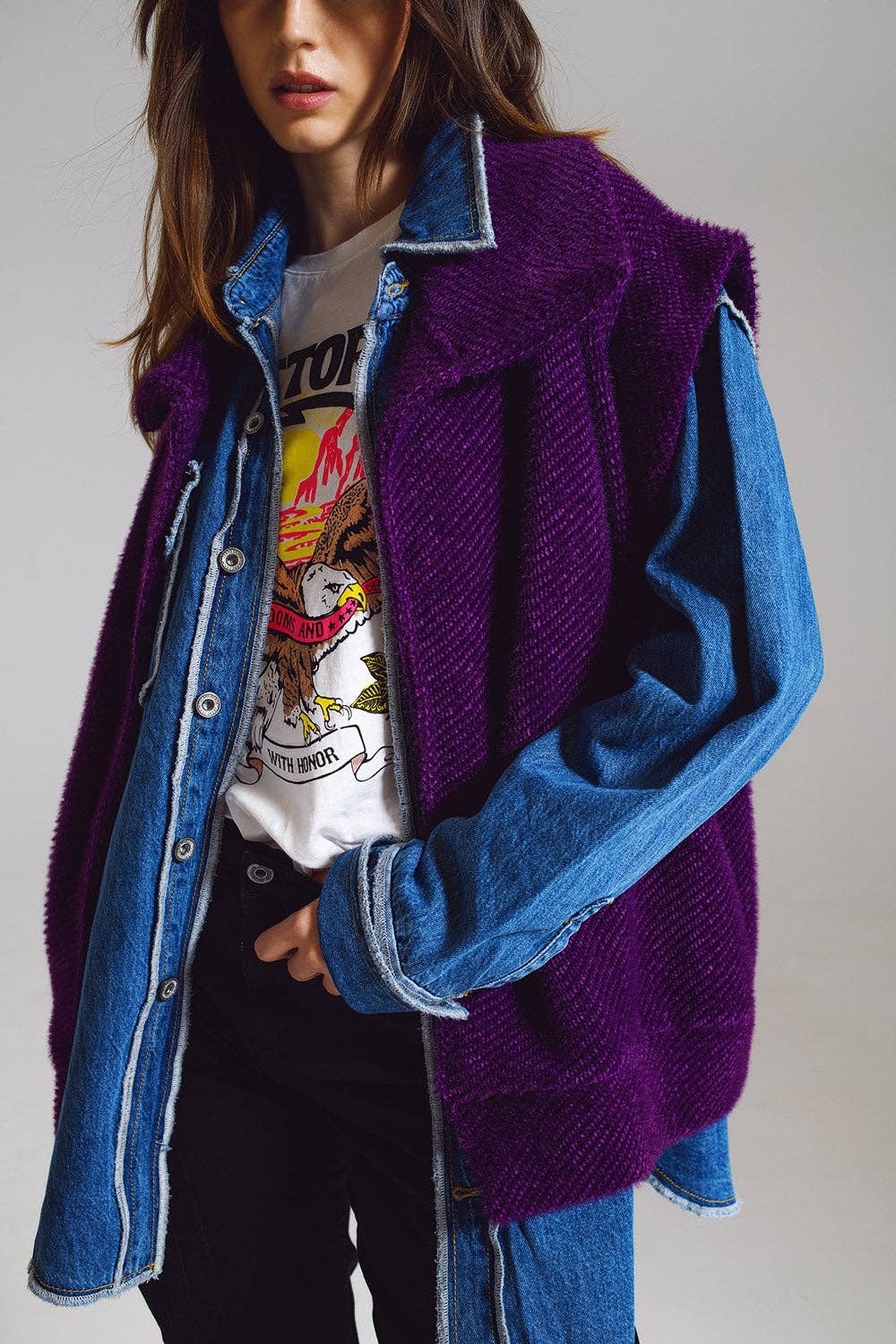 Open Herringbone Gilet with Shawl Style Collard in purple for wholesale on Faire4