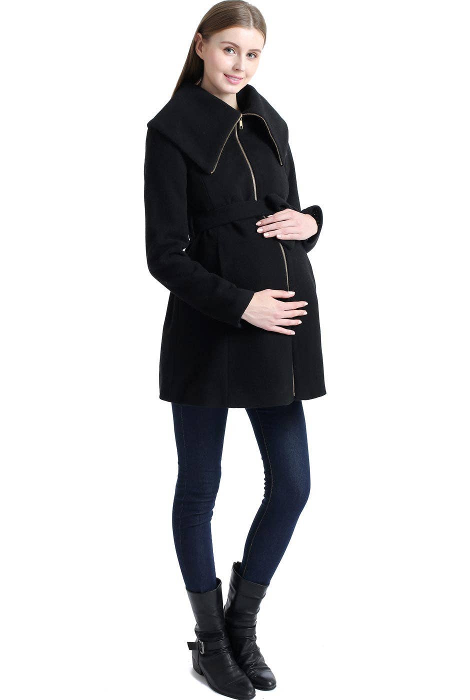 Kimi + Kai Maternity "Mia" Wool Blend Fold Collar Coat Black for wholesale on Faire4
