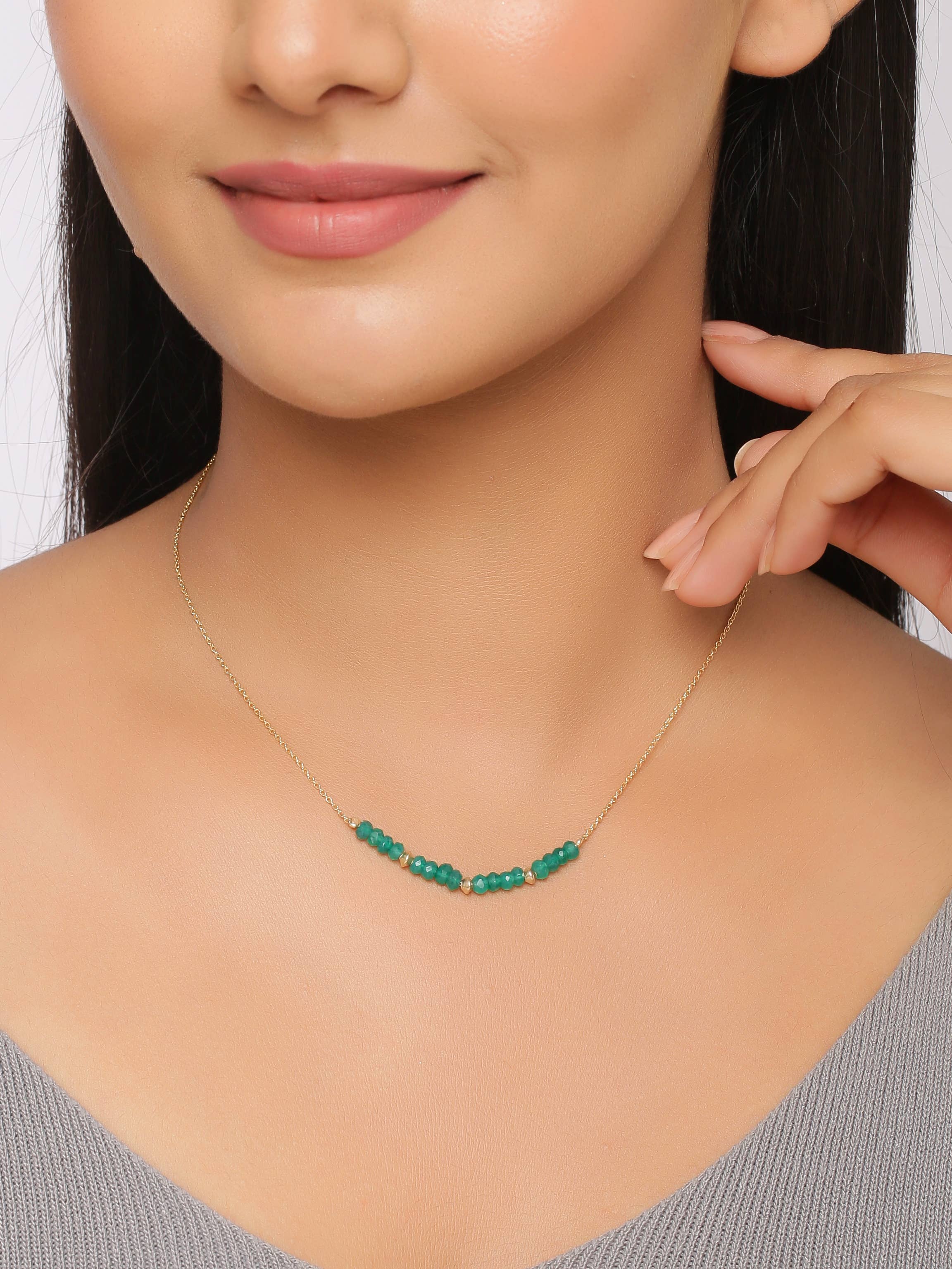 Tiramisu - Wholesale Link & Chain Necklace - Gold Plated 925 Silver Symmetrical Green Onyx Bead Necklace1