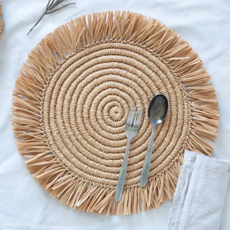 HandmadeBestSeller – wholesale Placemat – Round raffia table set with fringes Moroccan8
