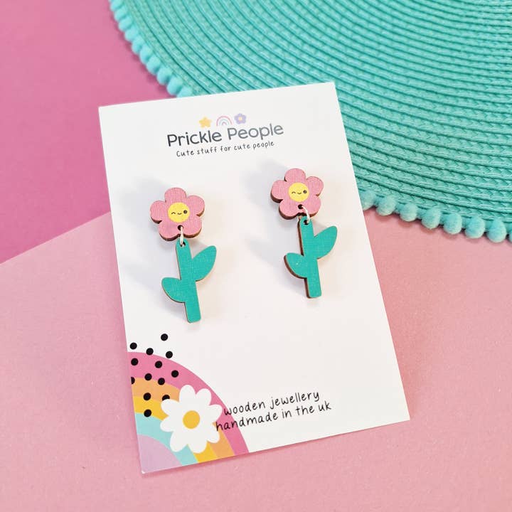 Kawaii Pink Happy Daisy Dangle Earrings, Wooden, Cute for wholesale by Prickle People