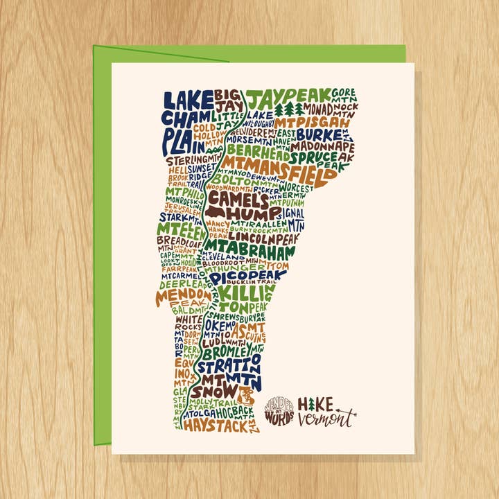 Tarjeta Hike Vermont con letras a mano, Tarjeta de las montañas de para venta al por mayor de Wander On Words