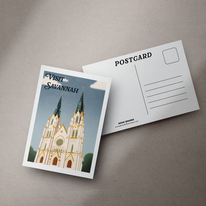 Visit Savannah Postcard - Cathedral Basilica for wholesale by Evan Edwards Illustration