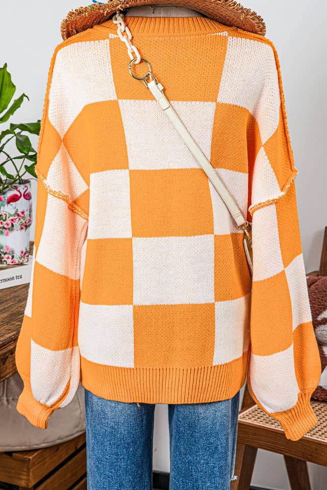 fashionworks - Wholesale Knit Sweater - Women's - Fashion-W Checkered Bishop Sleeve Sweater*S-2XL11