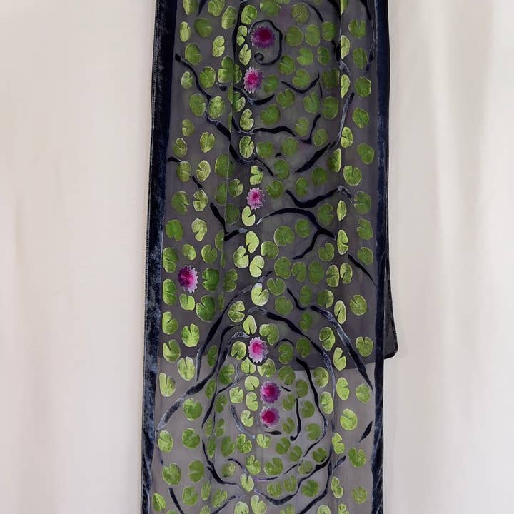 Sherit Levin Textiles - Wholesale Scarf - Women's - Black Devoré Burnout Velvet Green Lily Pads Scarf/Shawl