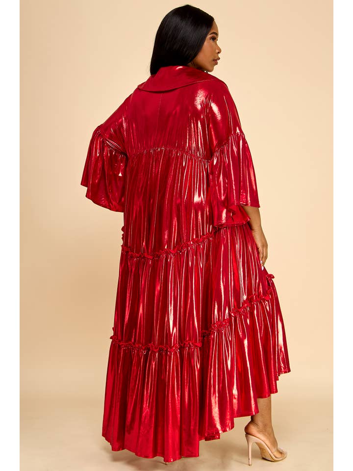 Namatt Design - Wholesale Dress - Women's - Plus Flare Sleeve Metallic Pleated Tiered Flare Dress