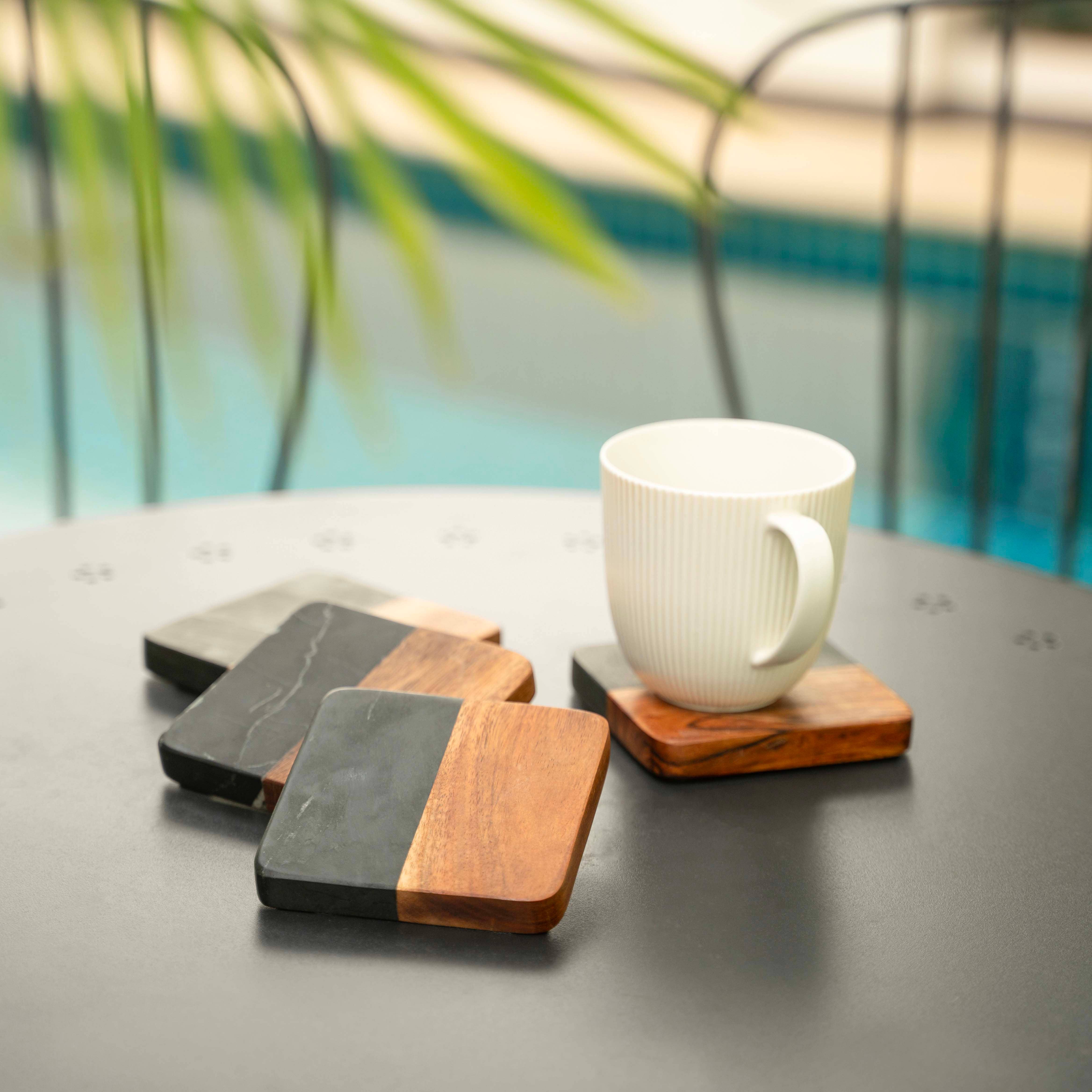 LuxeDesigns Co LLC - Wholesale Coasters - Artisan Marble and Wood Square Coaster Set of 4 - Black2