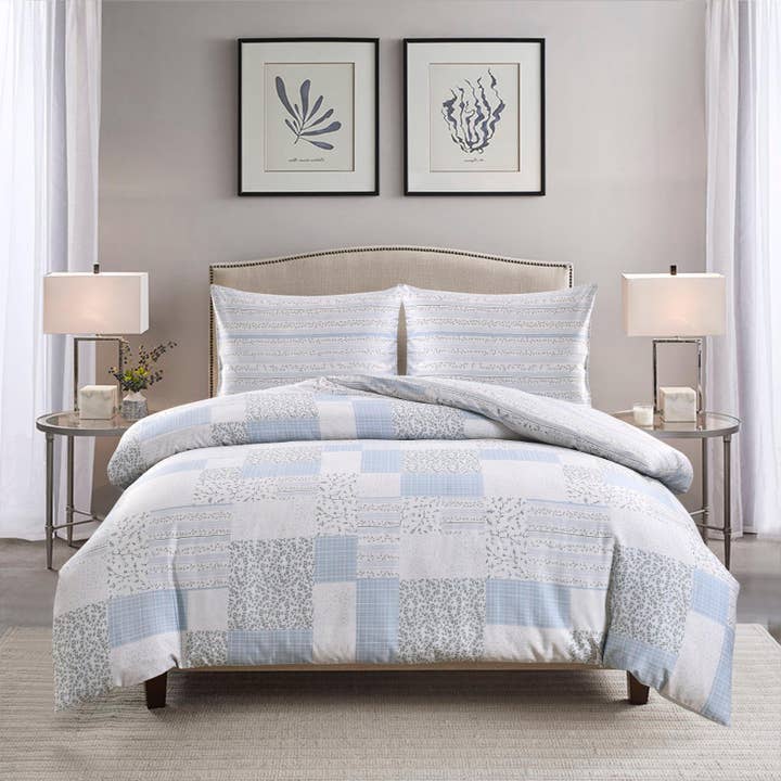 Petite Belle Flora Patchwork Duvet Set- Light Blue/Grey for wholesale by Petite Belle Bebe