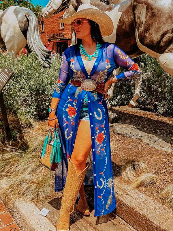 Denim Blue Floral Spur Mesh Button Down Maxi Duster for wholesale by LUCKY & BLESSED