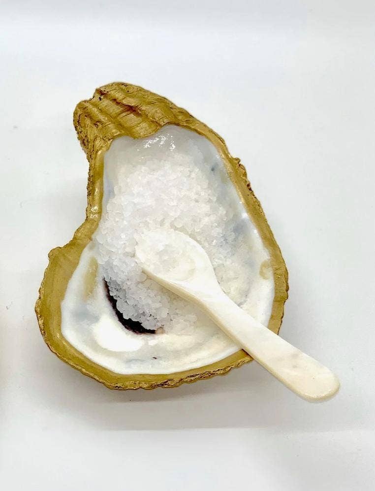 18k guld bläddrar runt kanten Ostronskal salt/peppar/kaviar maträtt med Mini sked för wholesale på Faire1