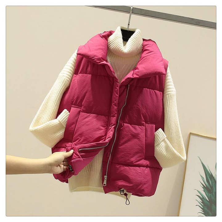 Fashion Combination - Wholesale Jacket - Women's - zip up button puffer vest with waist toggles